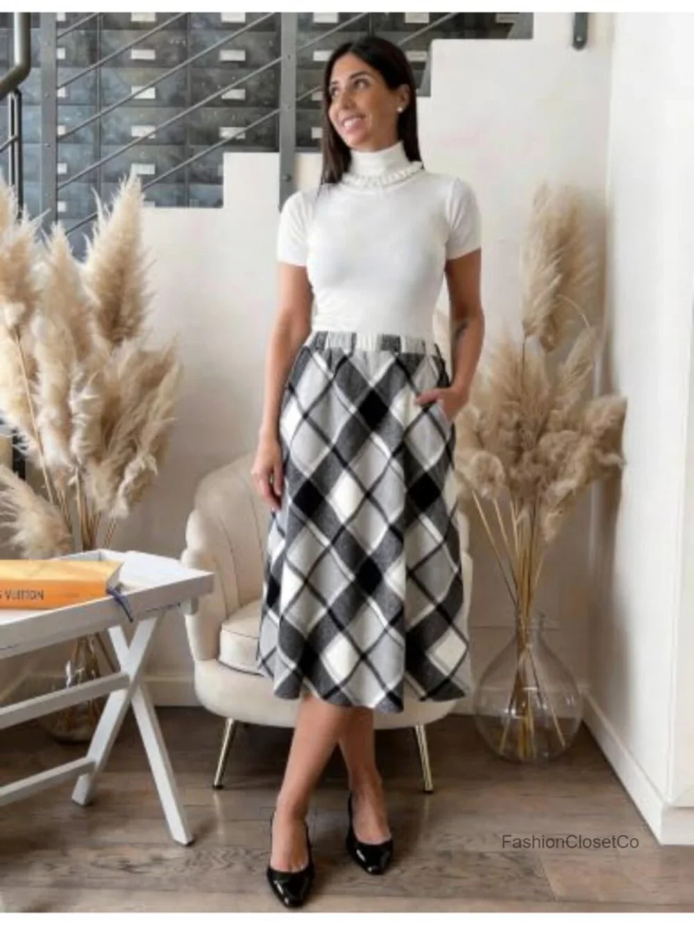 Women's Long Plaid Skirt A-Line Maxi Tartan Wool Blend High Waist with Pockets